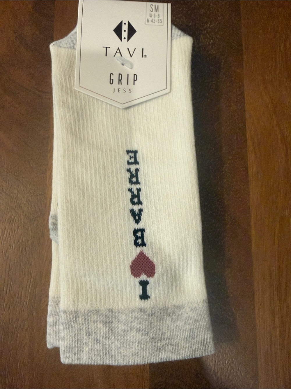 Pure Barre White Grip Socks with Gray Cuff and Pink Heart